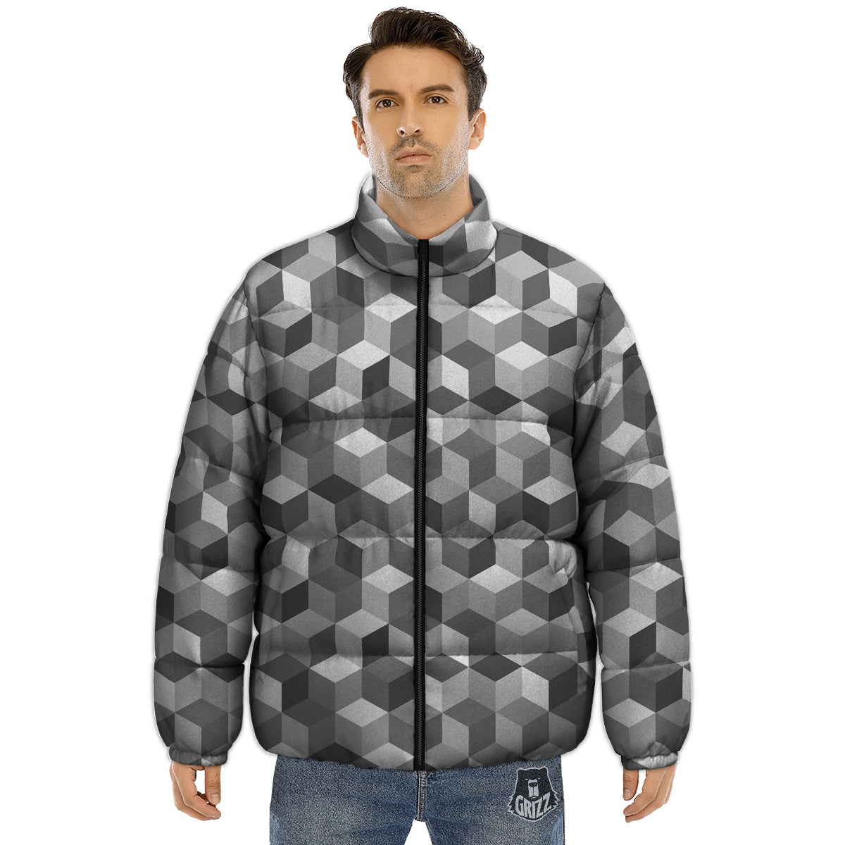 Cube Geometric Shape White Print Pattern Puffer Jacket-grizzshop
