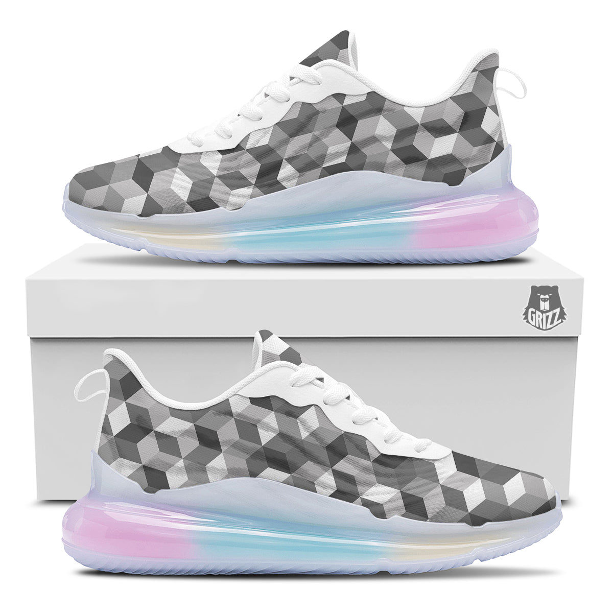 Cube Geometric Shape White Print Pattern Running Sneakers-grizzshop