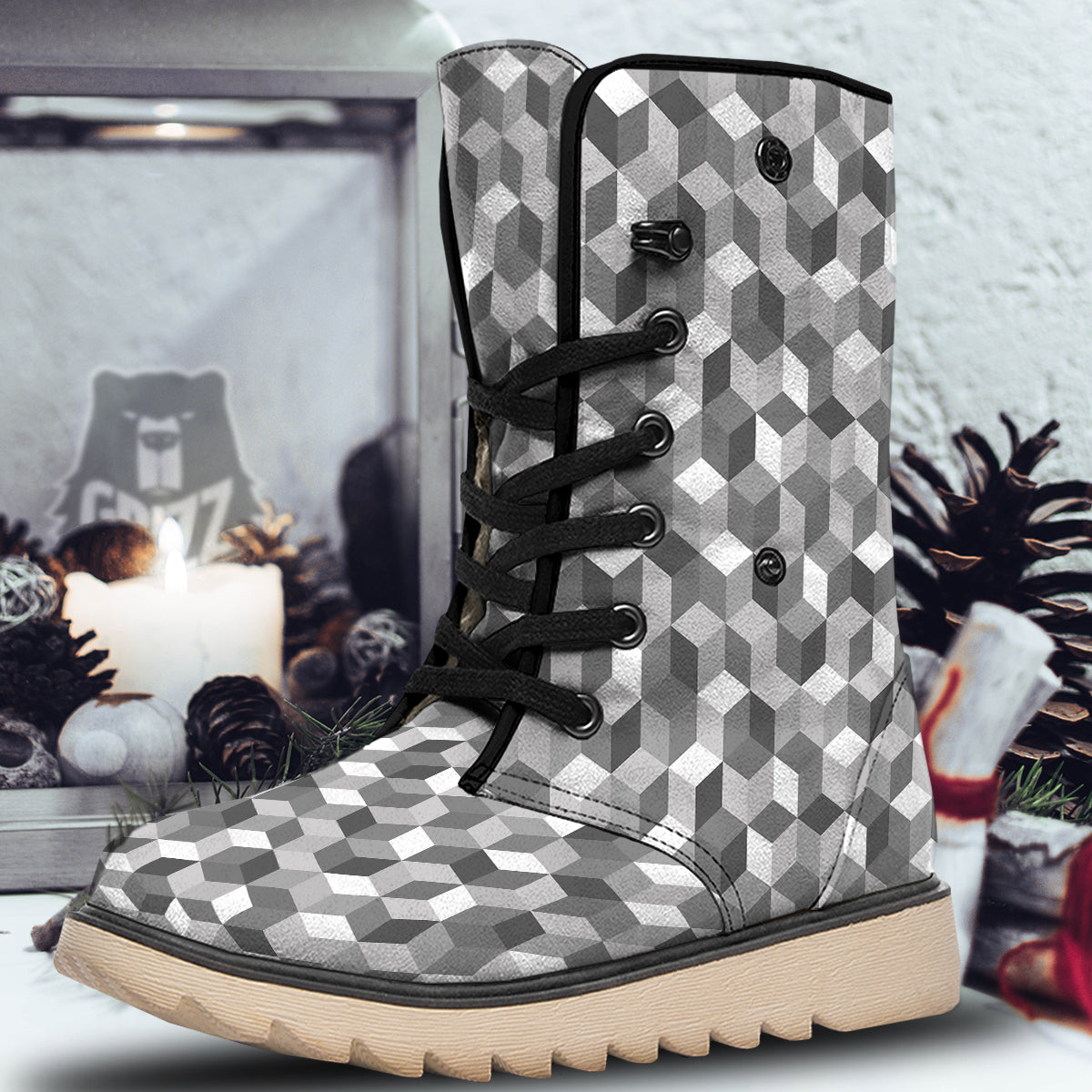 Cube Geometric Shape White Print Pattern Snow Boots-grizzshop