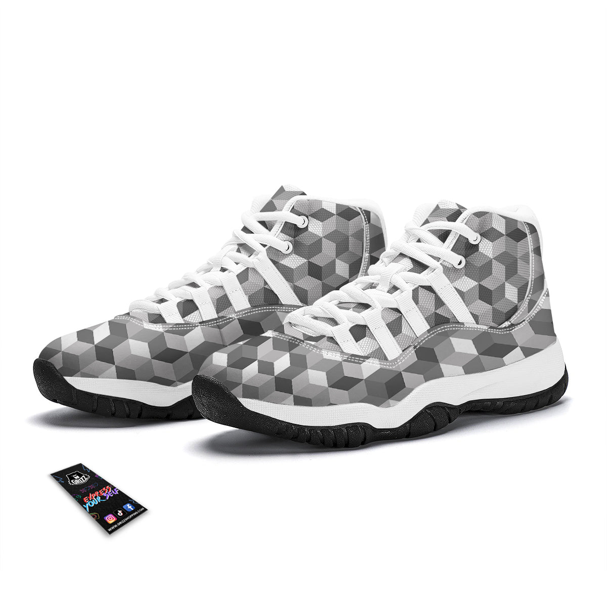 Cube Geometric Shape White Print Pattern White Bball Shoes-grizzshop