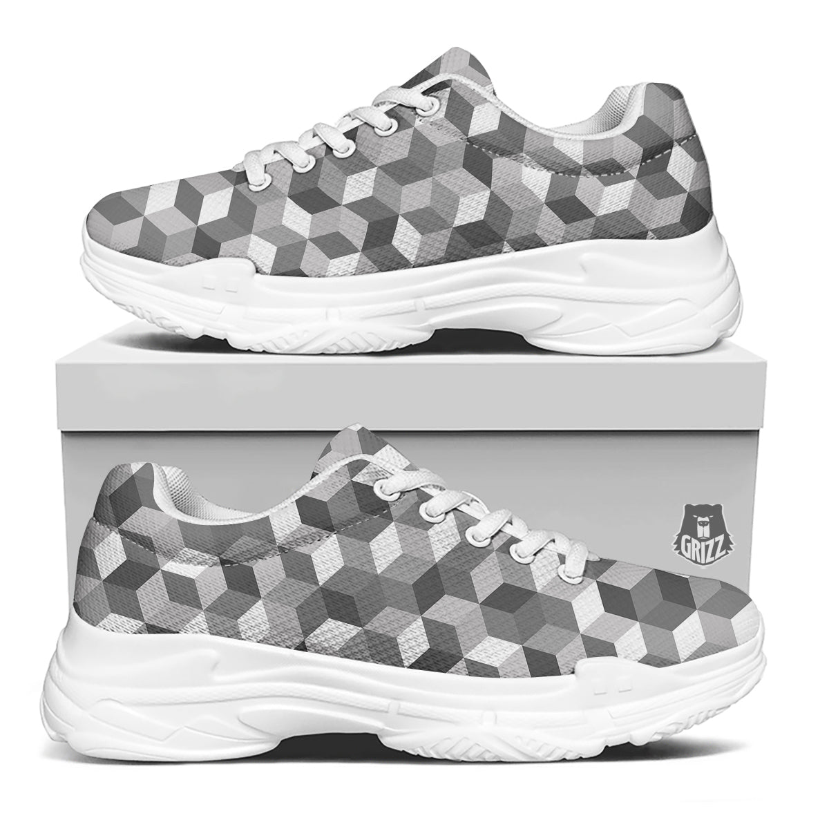 Cube Geometric Shape White Print Pattern White Chunky Shoes-grizzshop