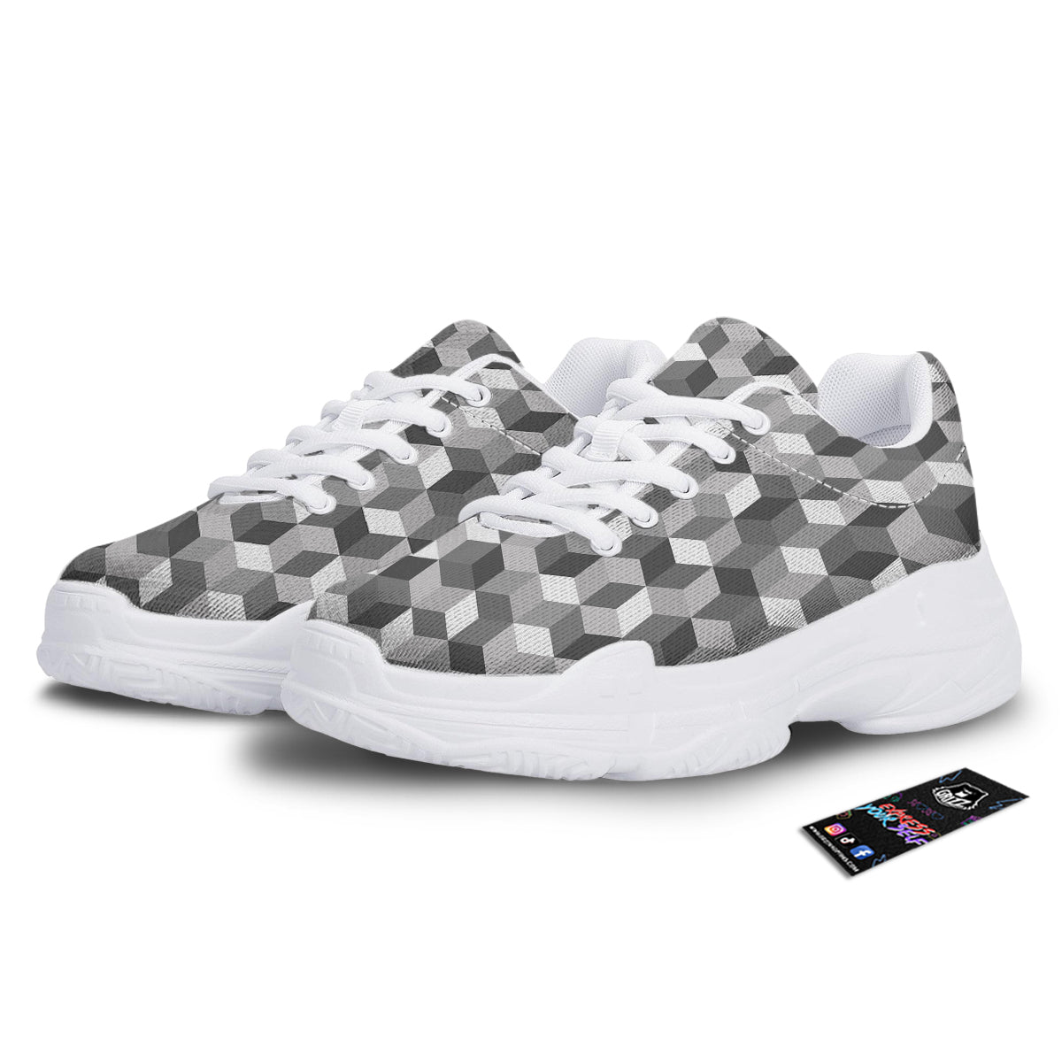 Cube Geometric Shape White Print Pattern White Chunky Shoes-grizzshop