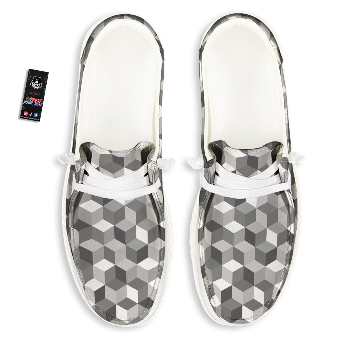 Cube Geometric Shape White Print Pattern White Loafers-grizzshop