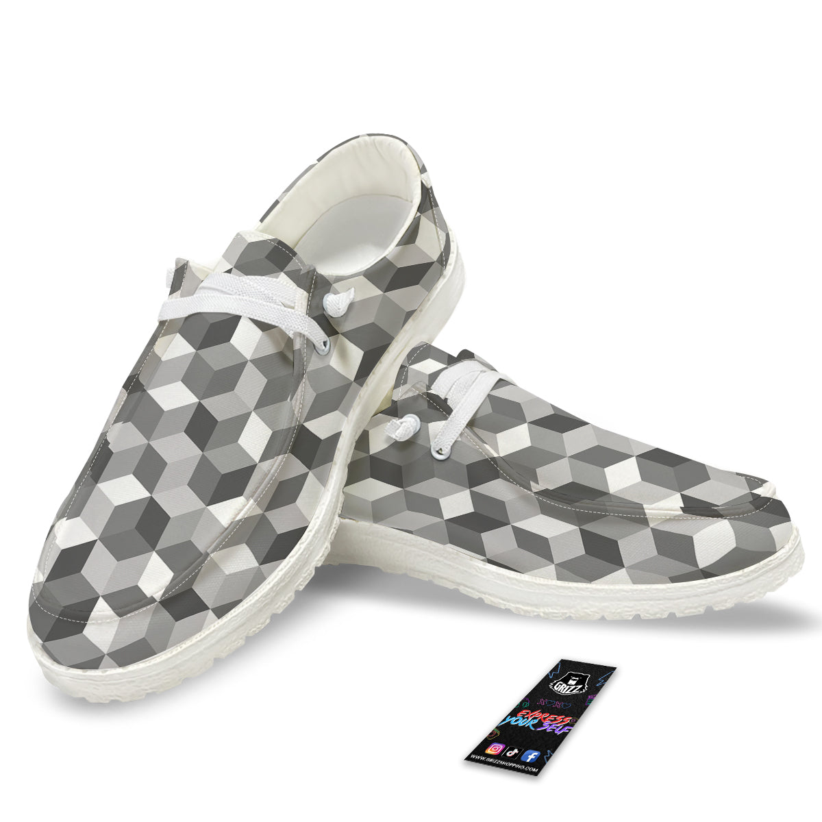 Cube Geometric Shape White Print Pattern White Loafers-grizzshop