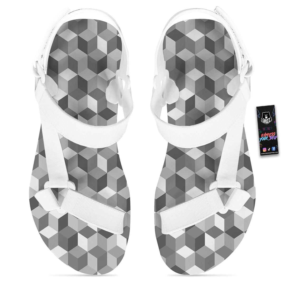 Cube Geometric Shape White Print Pattern White Open Toe Sandals-grizzshop