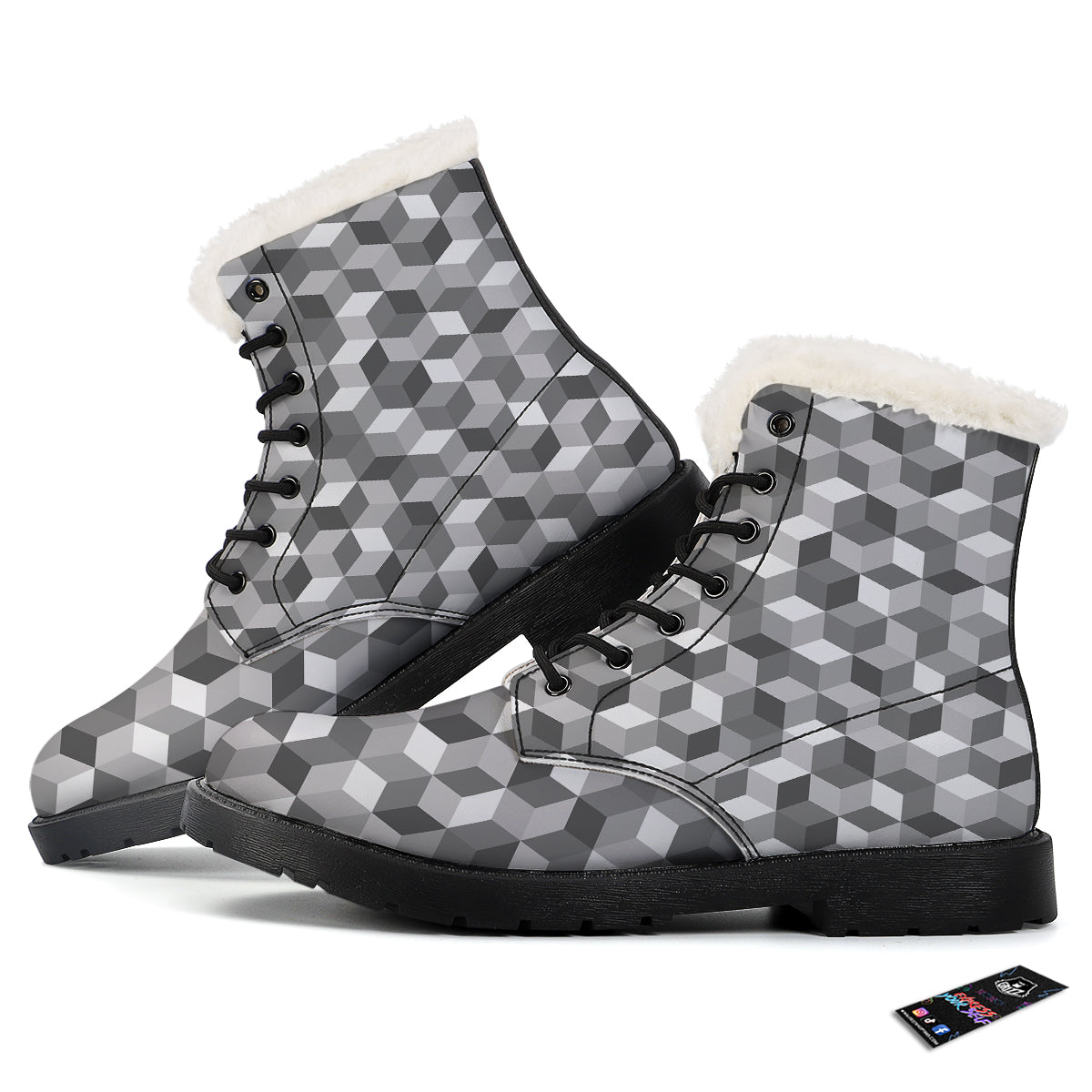 Cube Geometric Shape White Print Pattern Winter Boots-grizzshop
