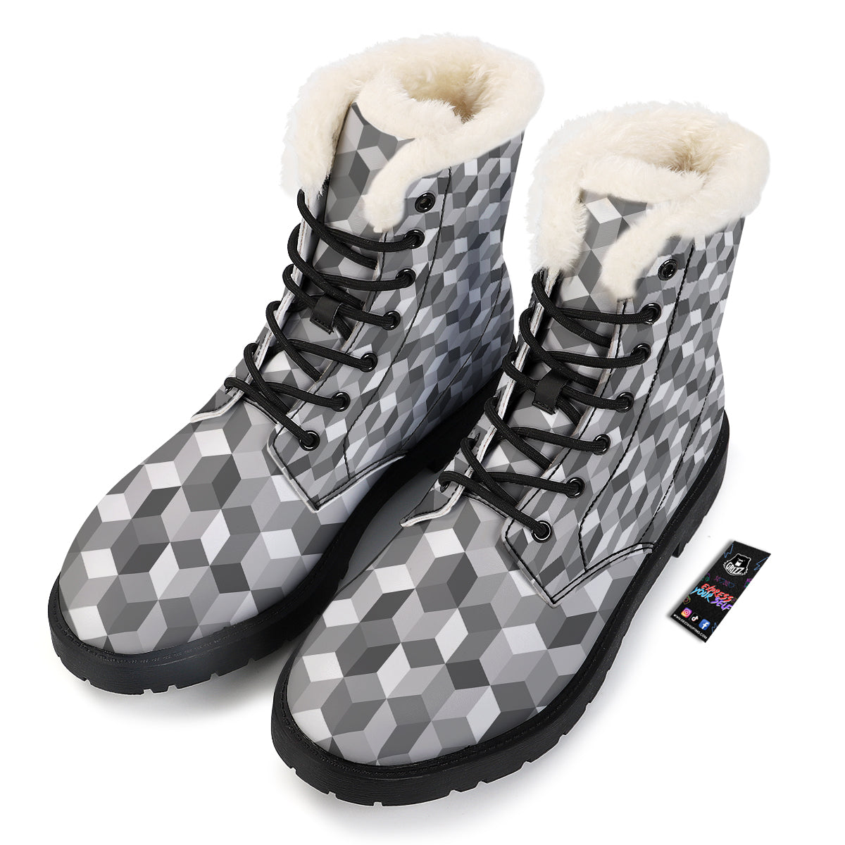 Cube Geometric Shape White Print Pattern Winter Boots-grizzshop