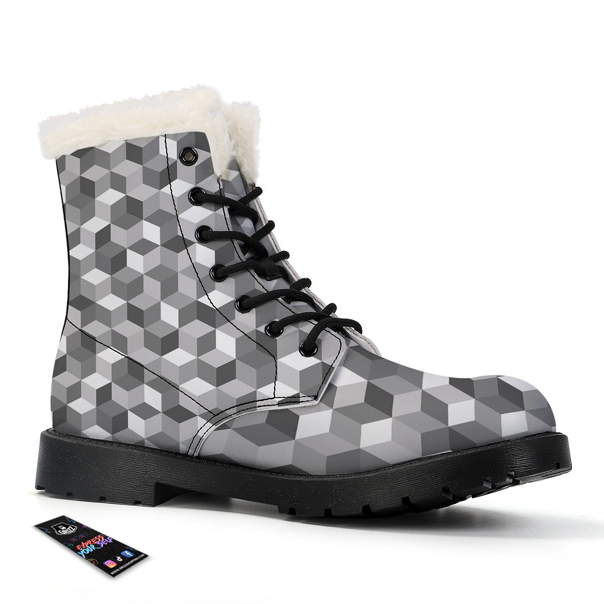 Cube Geometric Shape White Print Pattern Winter Boots-grizzshop