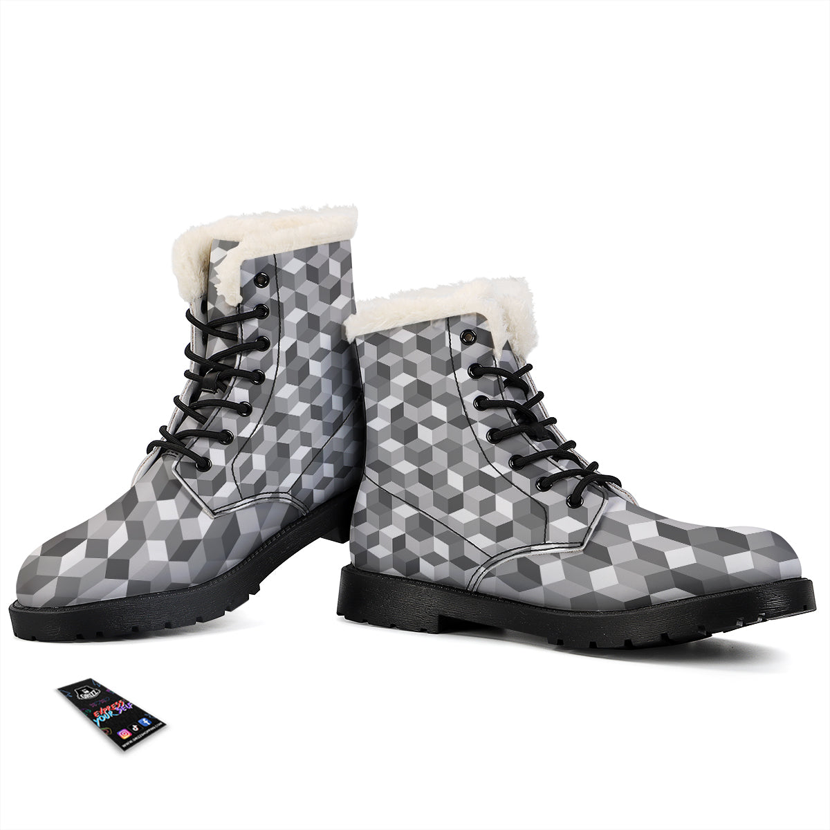 Cube Geometric Shape White Print Pattern Winter Boots-grizzshop