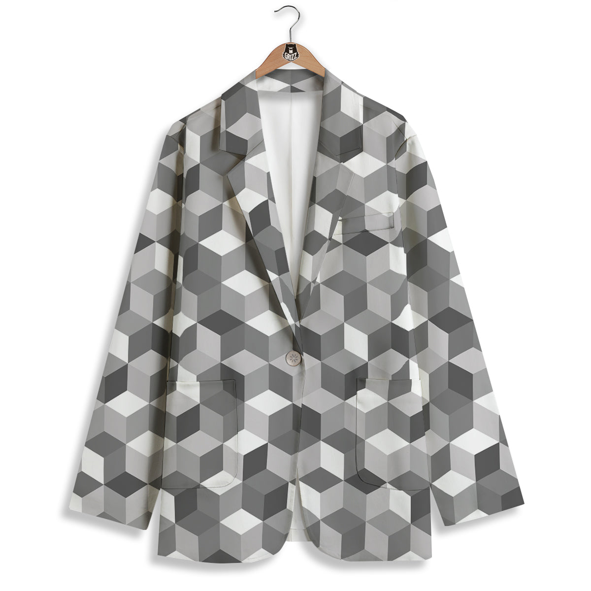 Cube Geometric Shape White Print Pattern Women's Blazer-grizzshop