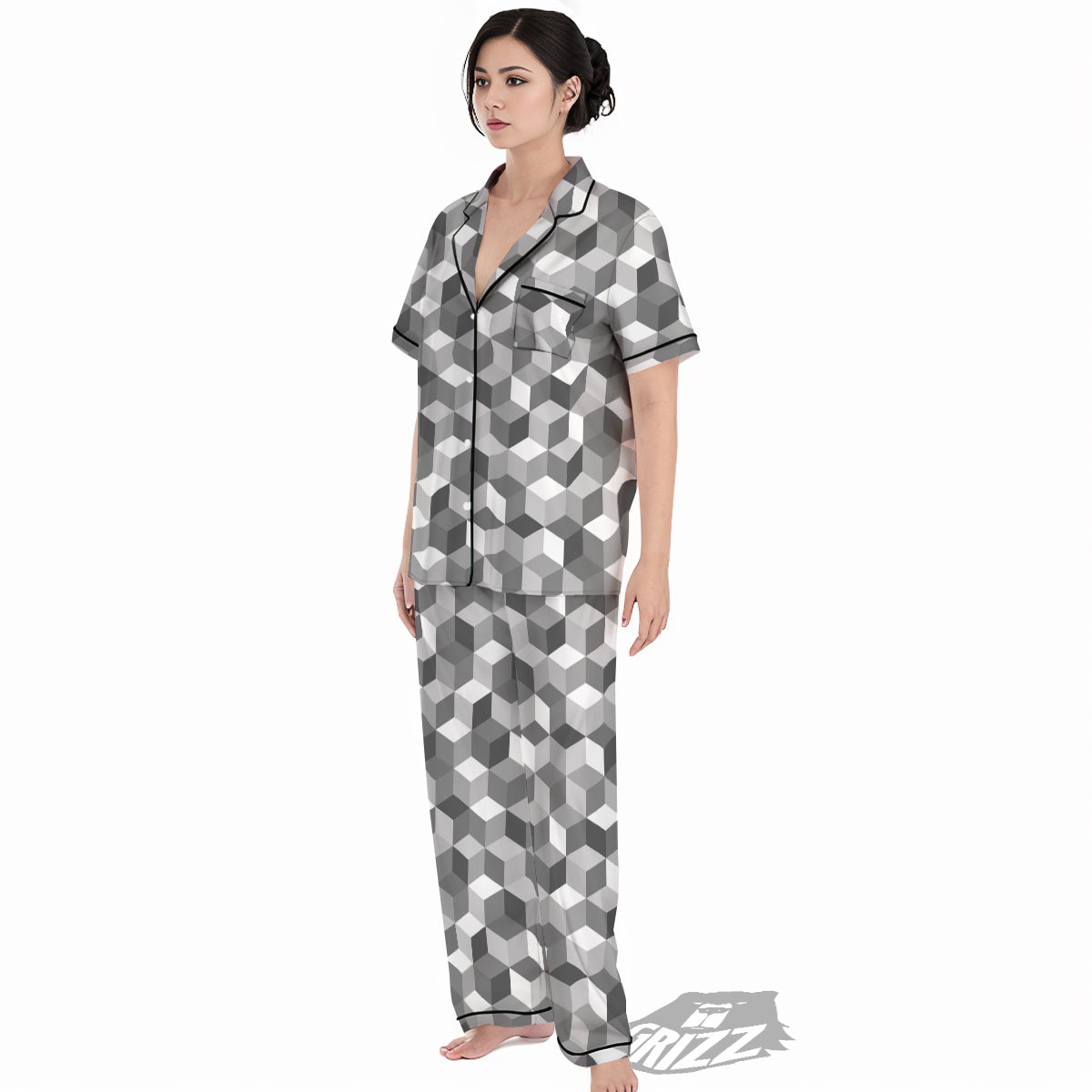Cube Geometric Shape White Print Pattern Women's Pajamas Set-grizzshop