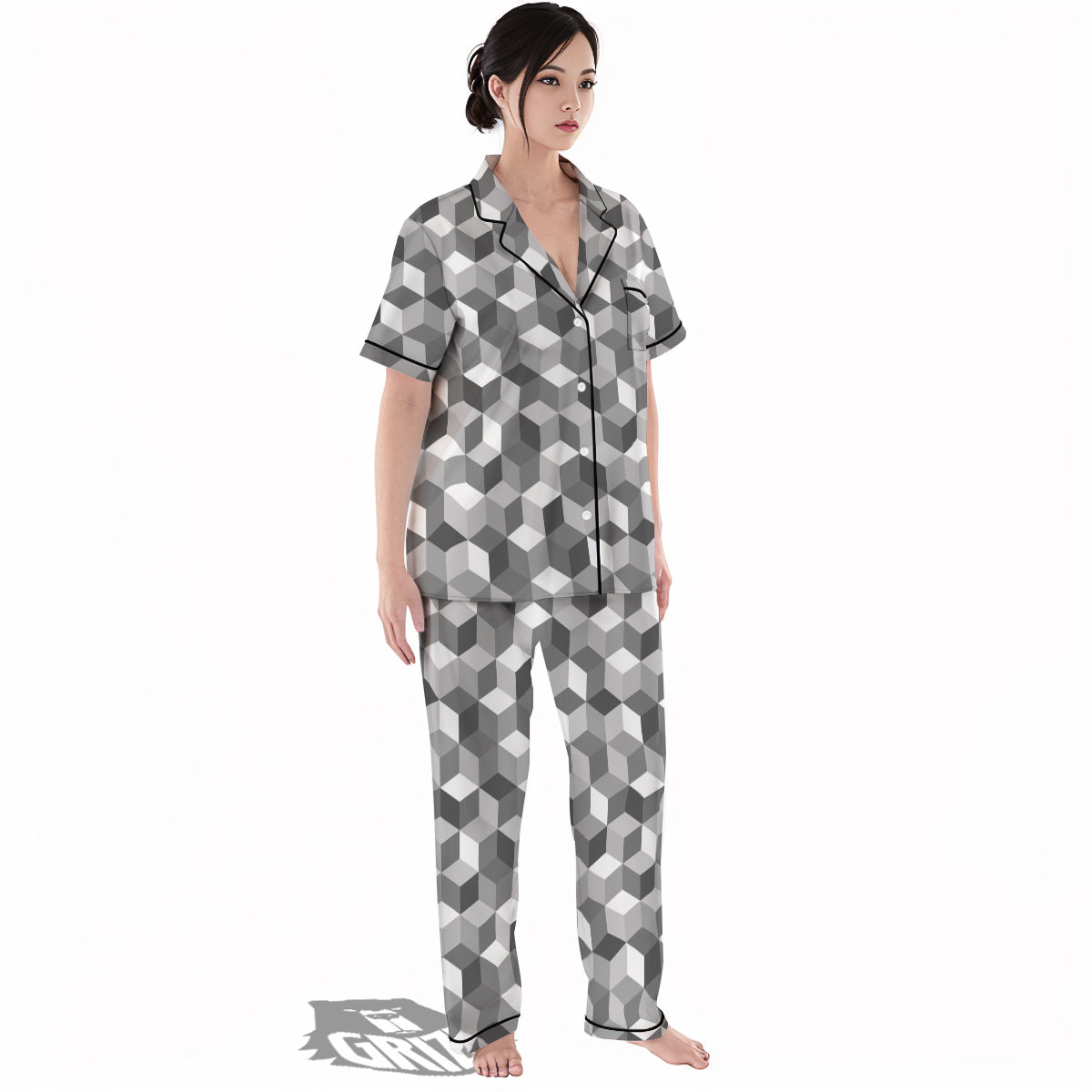 Cube Geometric Shape White Print Pattern Women's Pajamas Set-grizzshop