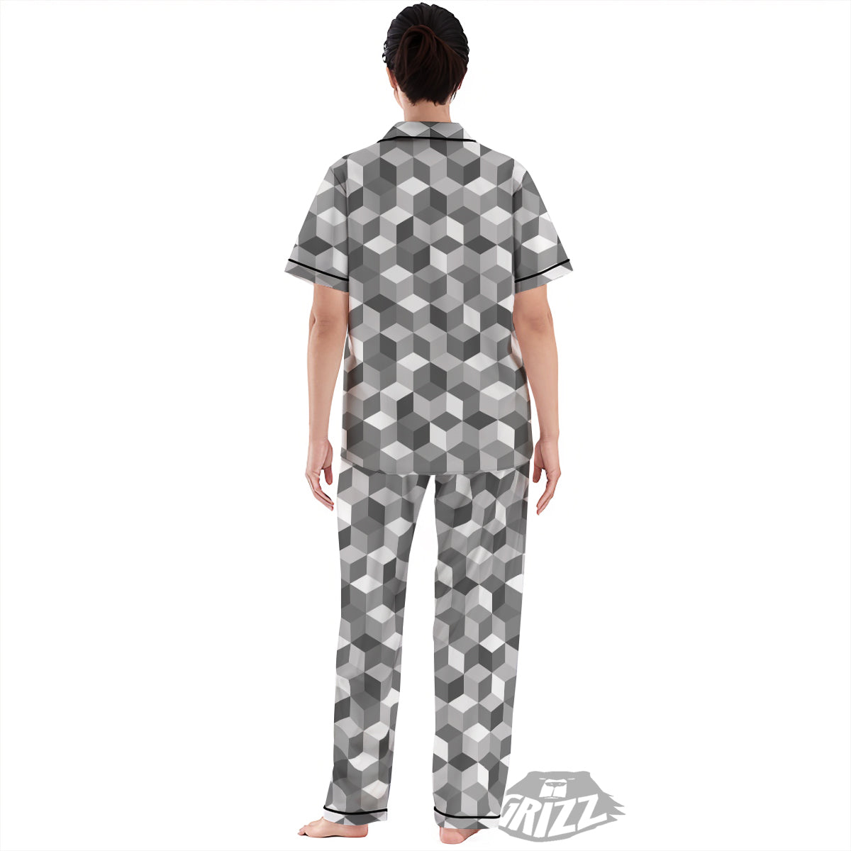 Cube Geometric Shape White Print Pattern Women's Pajamas Set-grizzshop