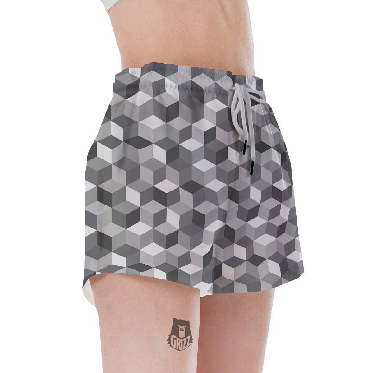 Cube Geometric Shape White Print Pattern Women's Shorts-grizzshop