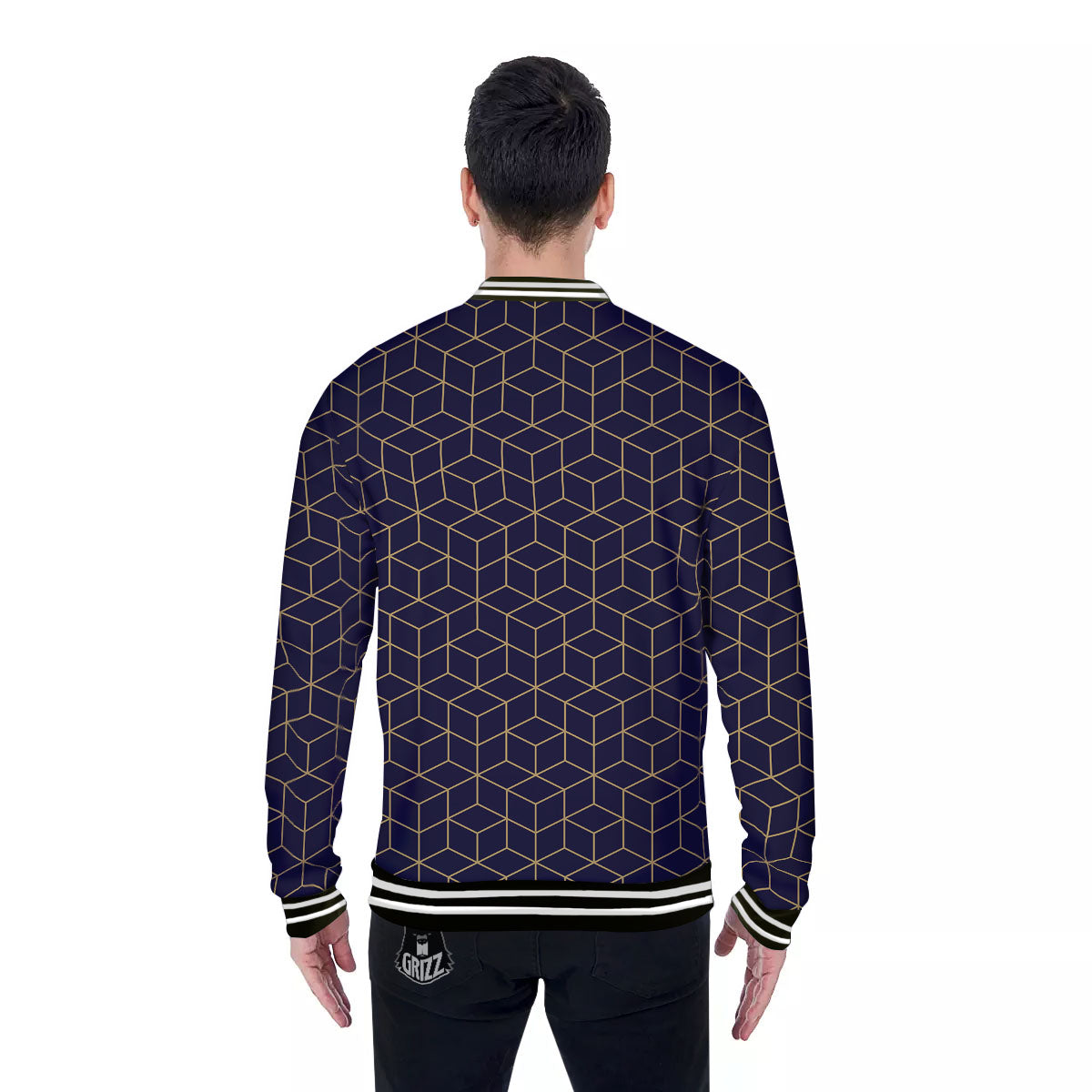 Cube Shape Black Geometric Print Pattern Baseball Jacket-grizzshop