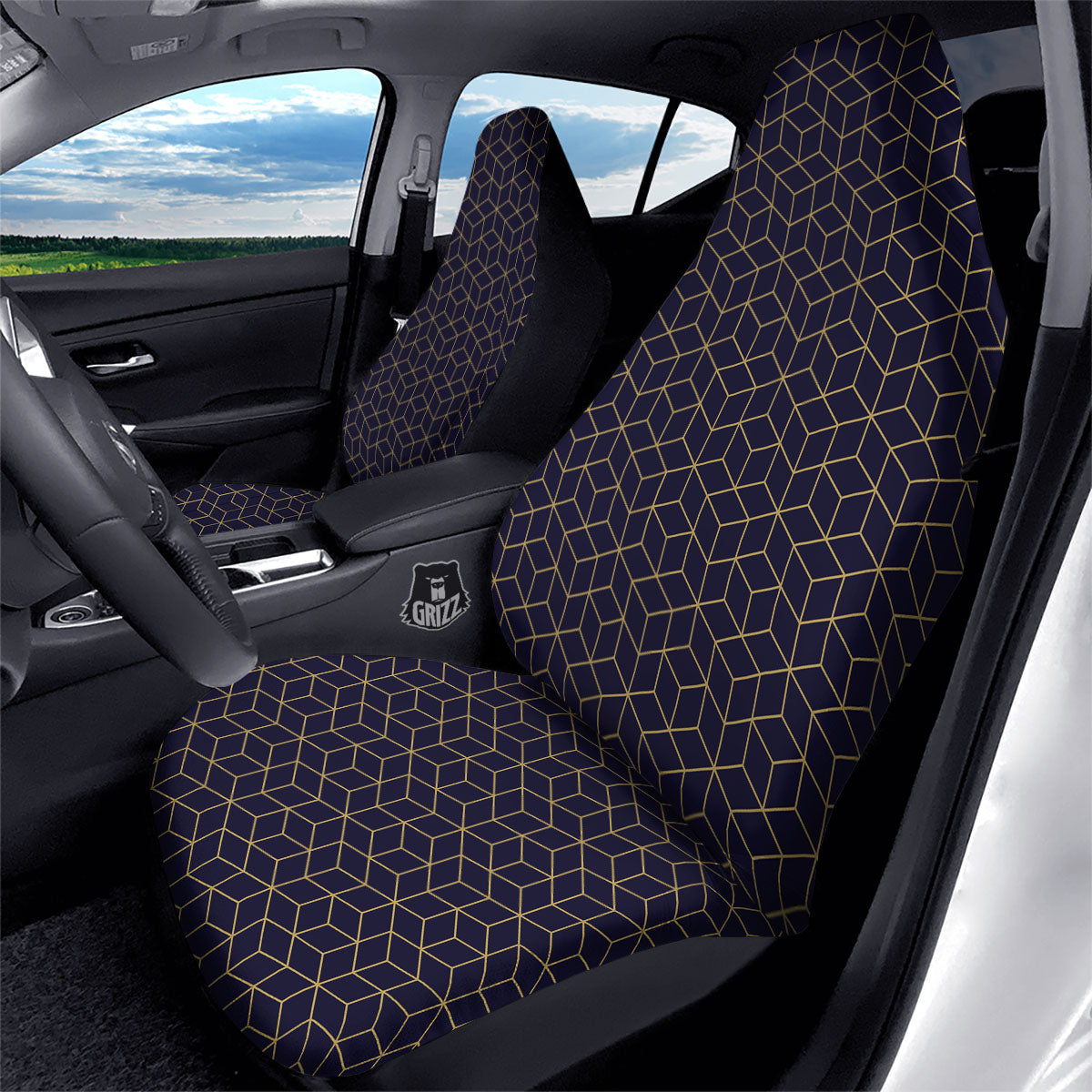 Cube Shape Black Geometric Print Pattern Car Seat Covers-grizzshop