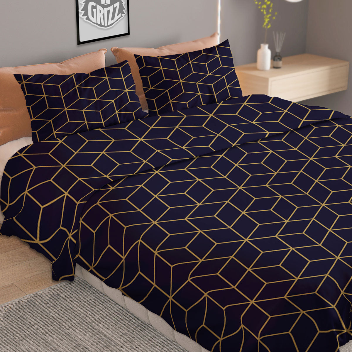 Cube Shape Black Geometric Print Pattern Duvet Cover Bedding Set-grizzshop