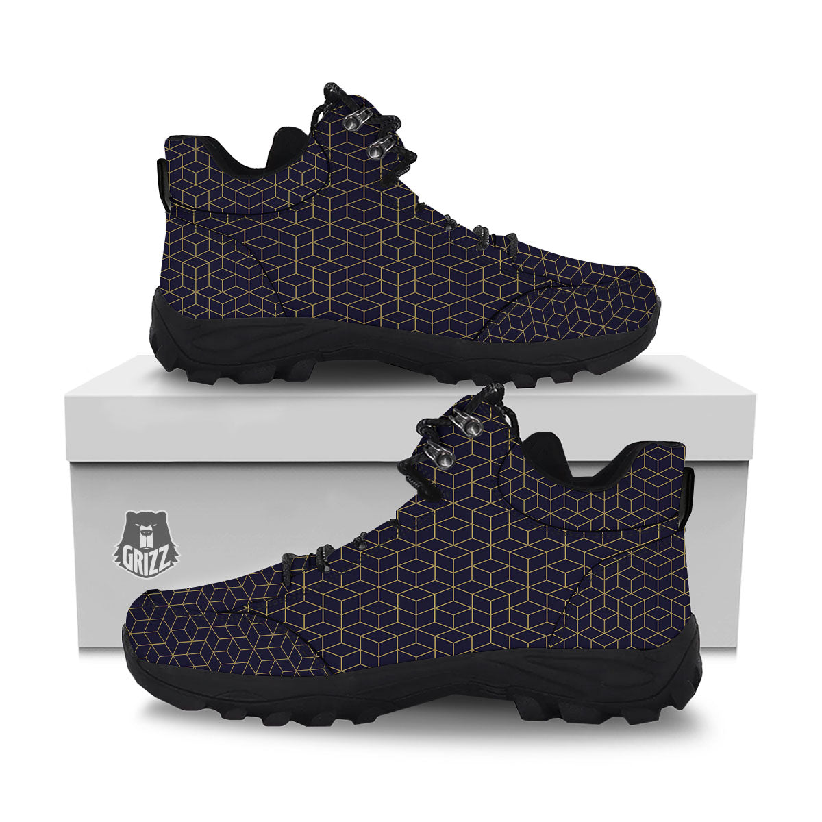 Cube Shape Black Geometric Print Pattern Hiking Shoes-grizzshop