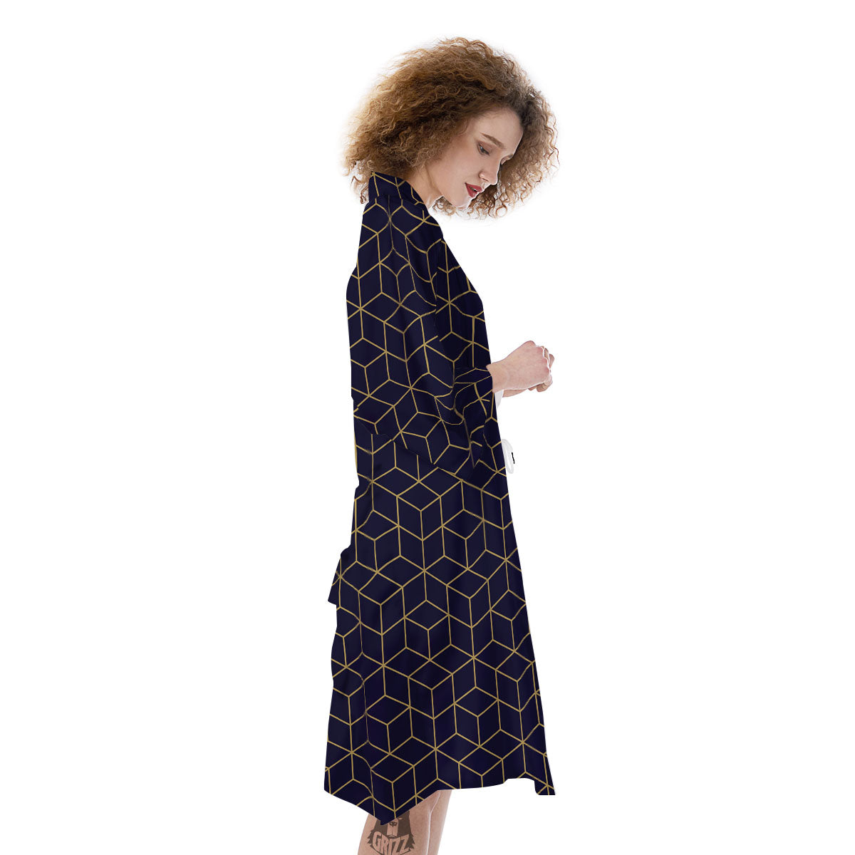 Cube Shape Black Geometric Print Pattern Kimono-grizzshop