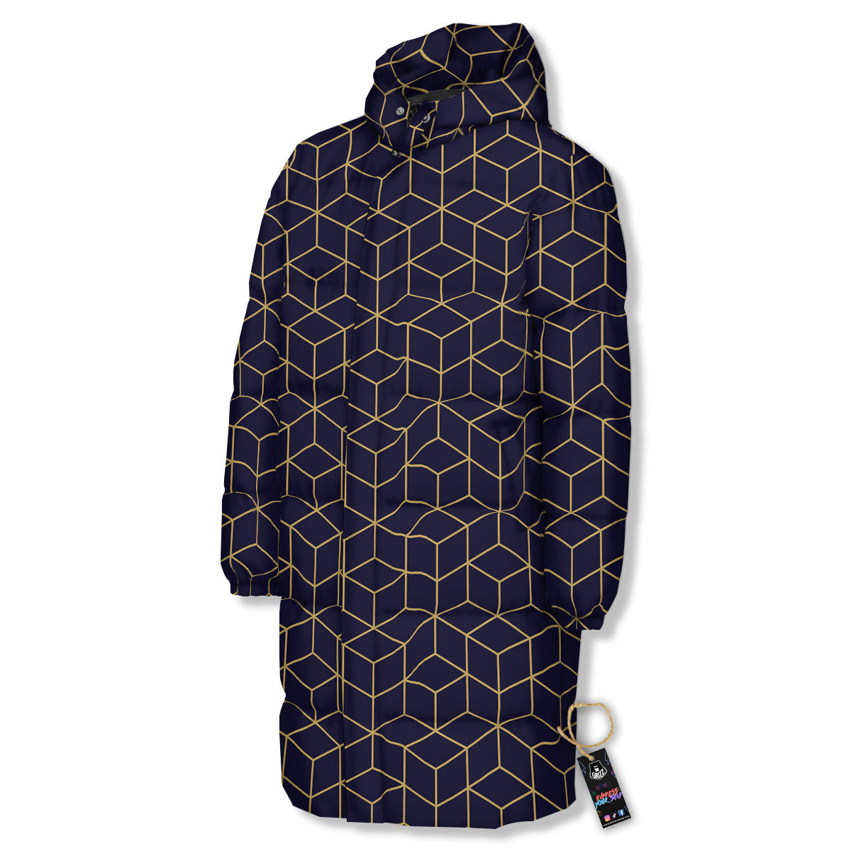 Cube Shape Black Geometric Print Pattern Long Down Jacket-grizzshop