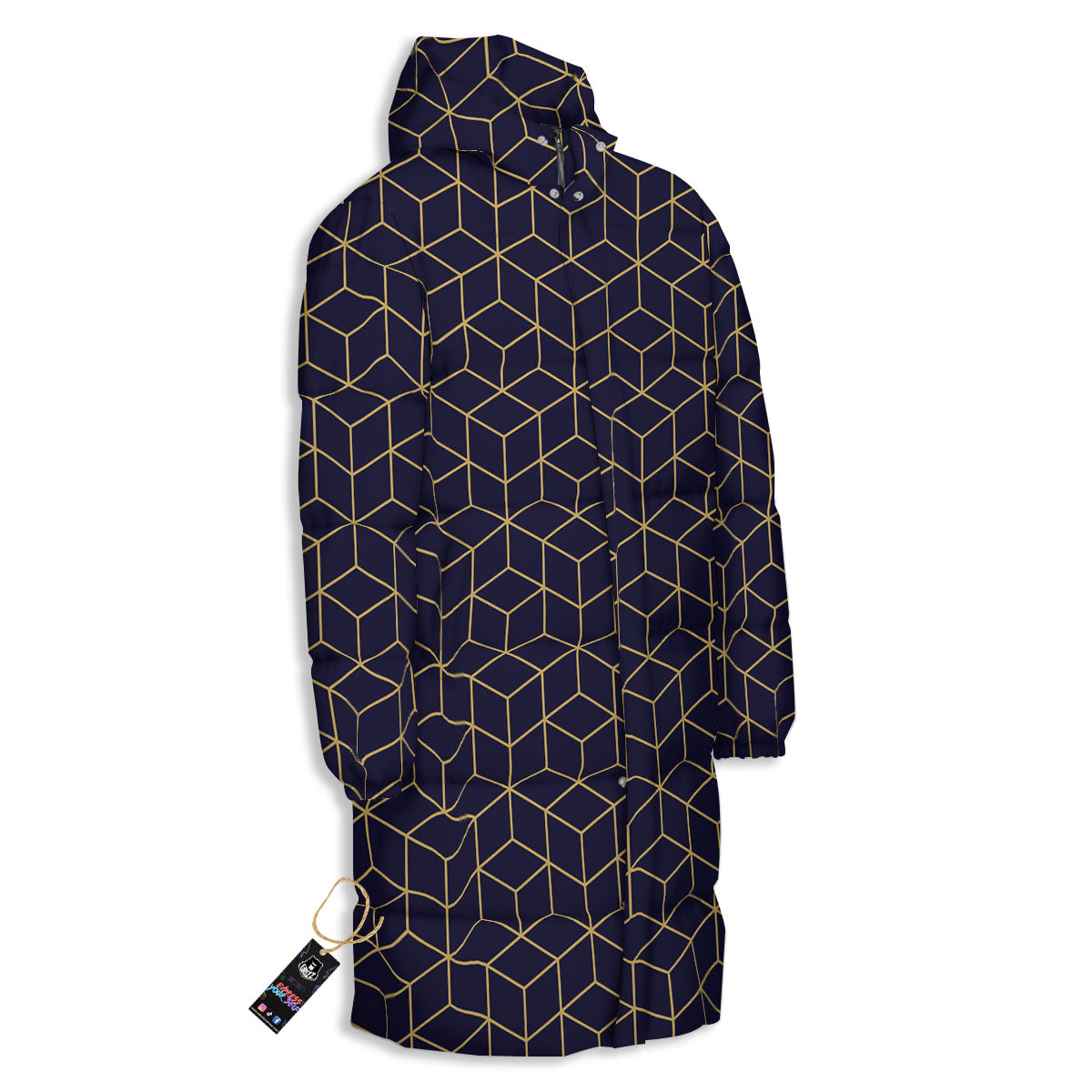 Cube Shape Black Geometric Print Pattern Long Down Jacket-grizzshop