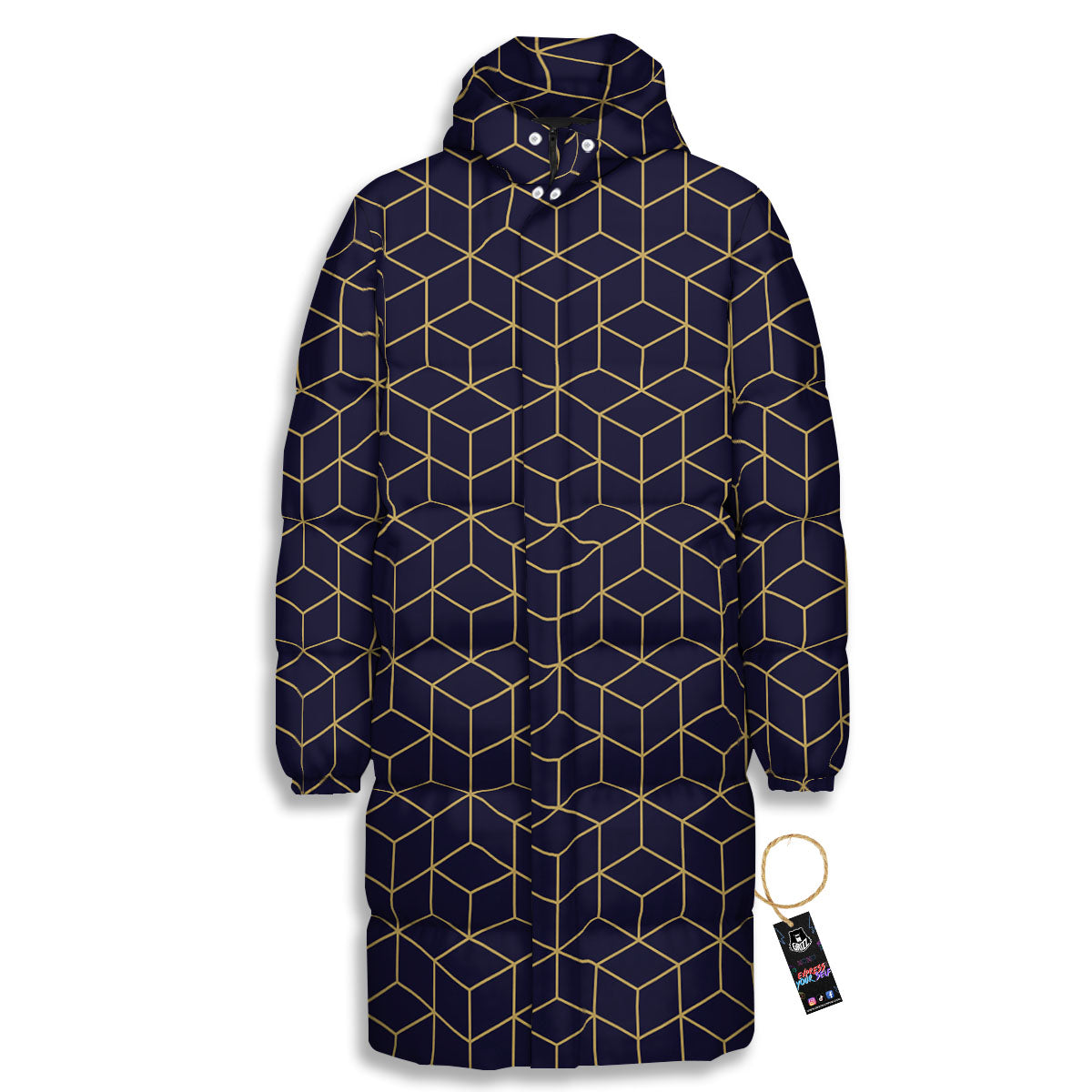 Cube Shape Black Geometric Print Pattern Long Down Jacket-grizzshop