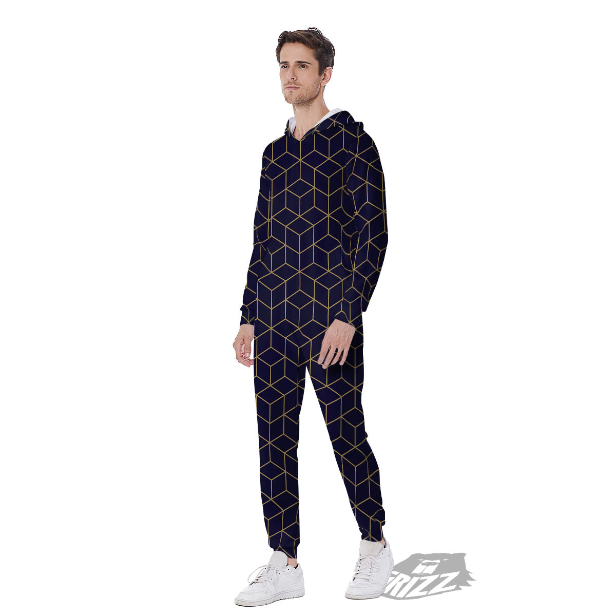 Cube Shape Black Geometric Print Pattern Men's Jumpsuit-grizzshop
