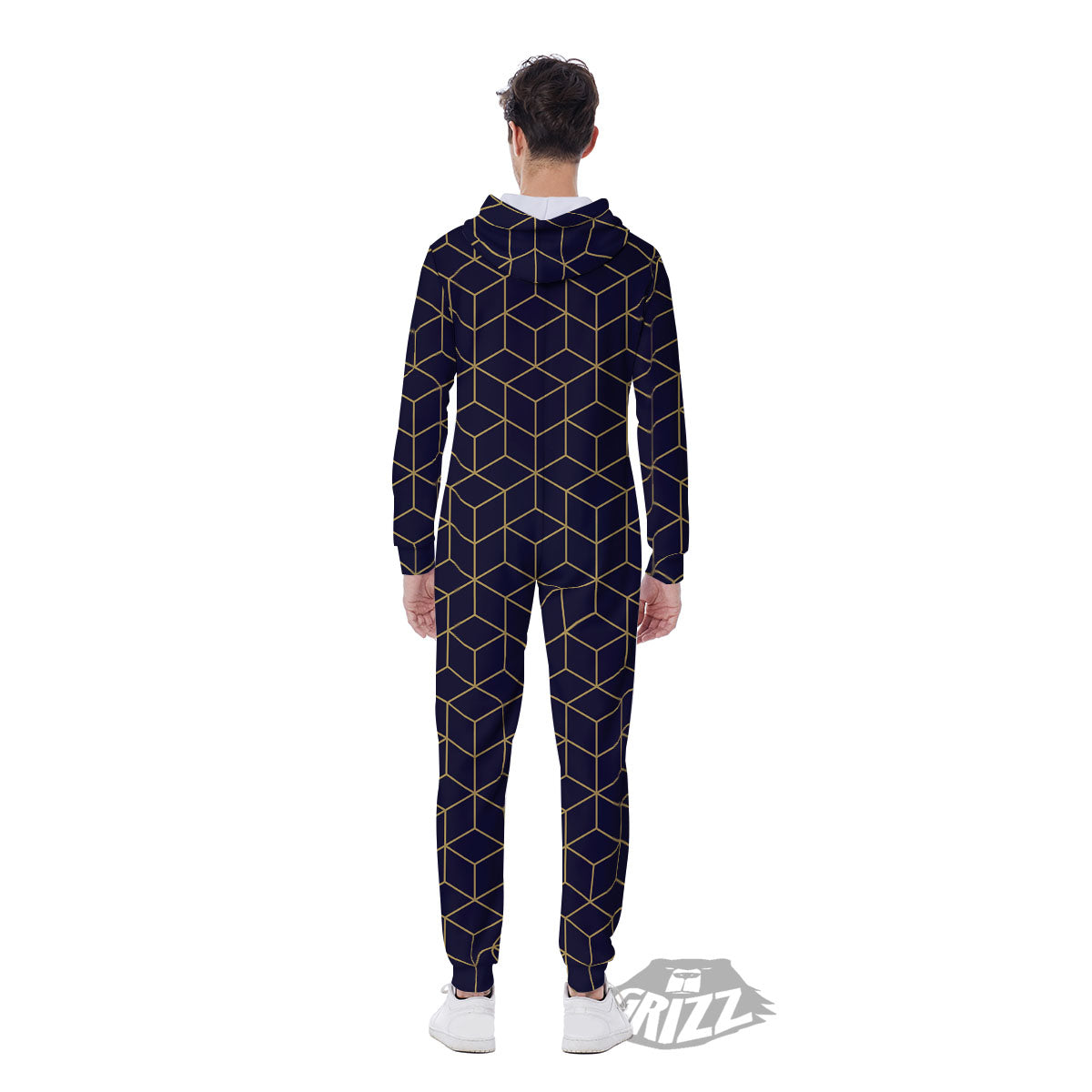 Cube Shape Black Geometric Print Pattern Men's Jumpsuit-grizzshop