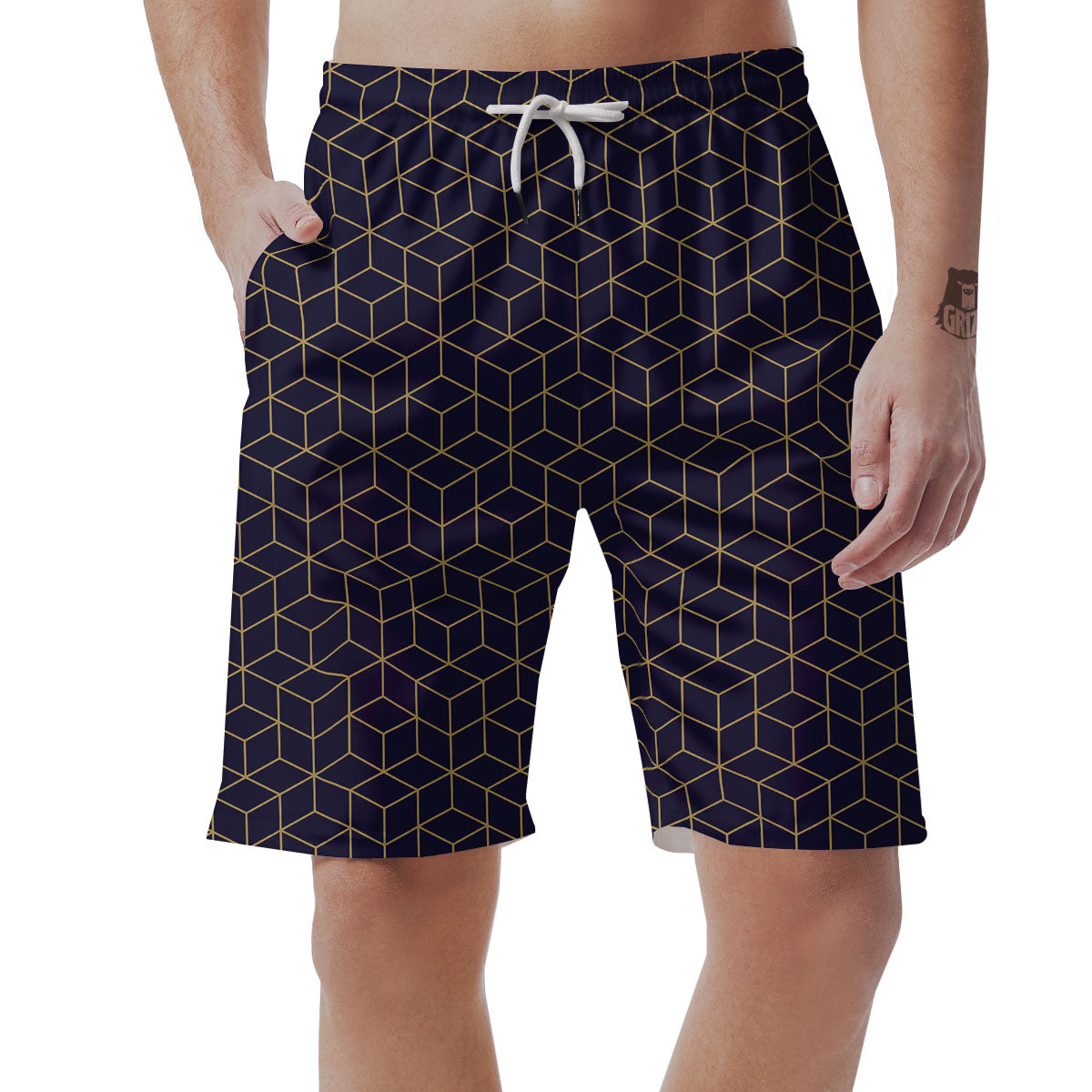 Cube Shape Black Geometric Print Pattern Men's Shorts-grizzshop
