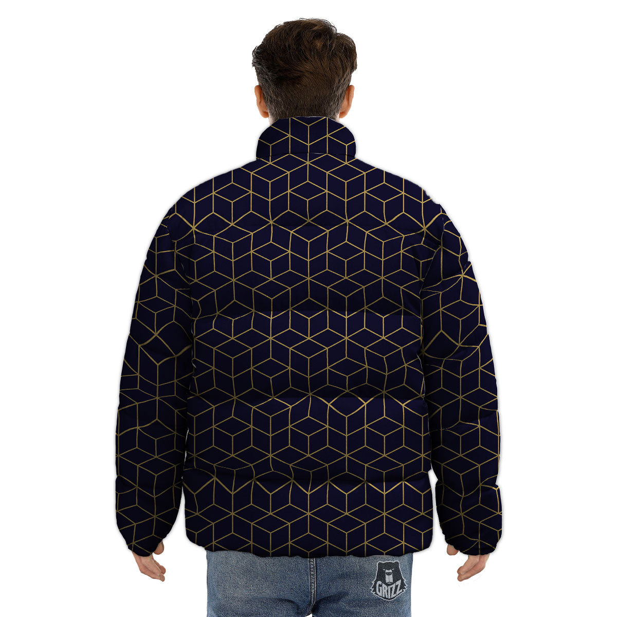 Cube Shape Black Geometric Print Pattern Puffer Jacket-grizzshop