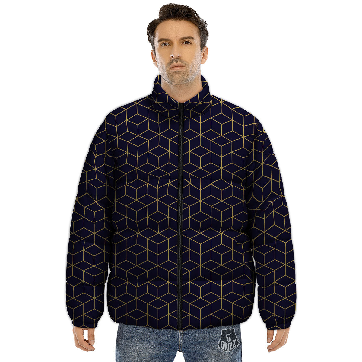 Cube Shape Black Geometric Print Pattern Puffer Jacket-grizzshop