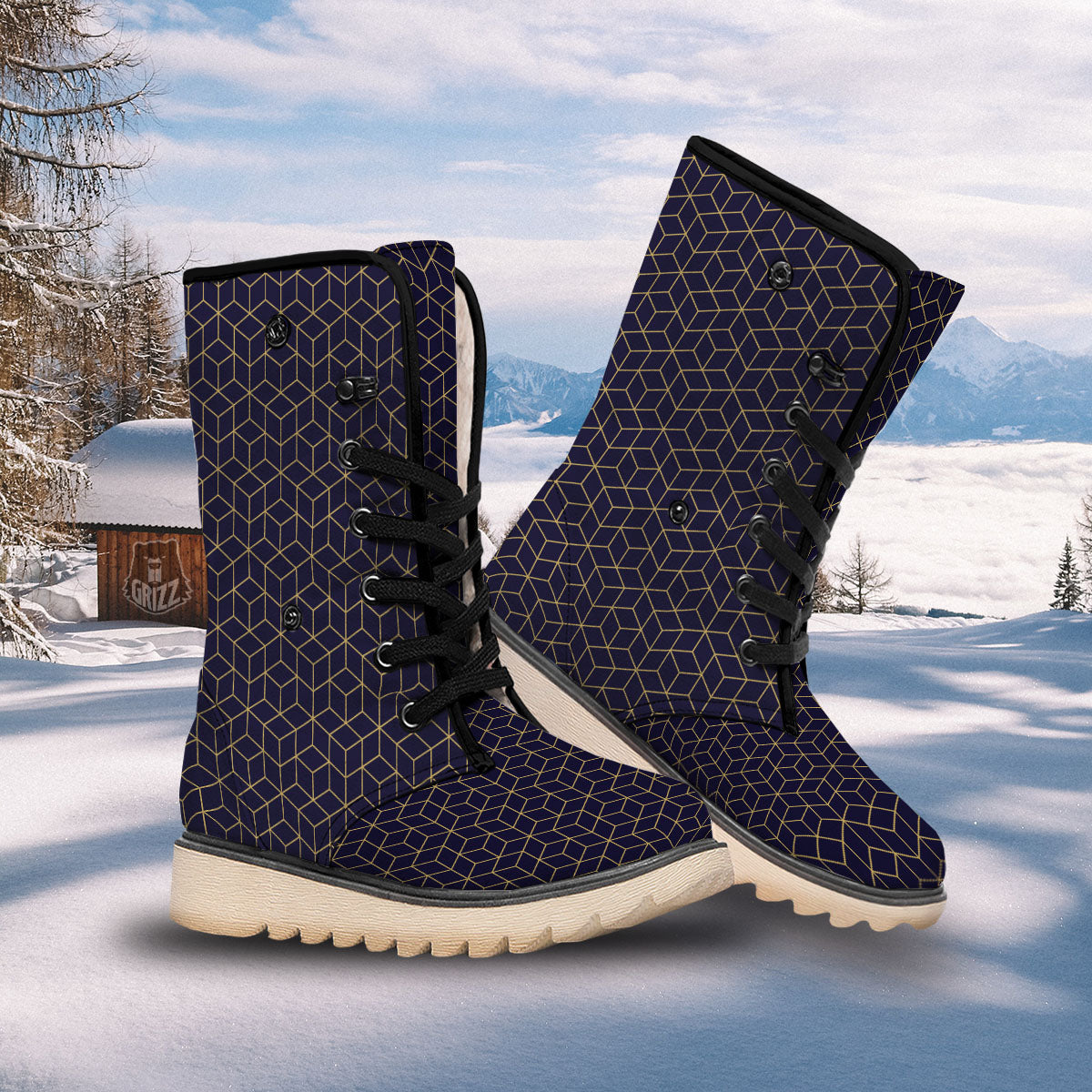 Cube Shape Black Geometric Print Pattern Snow Boots-grizzshop