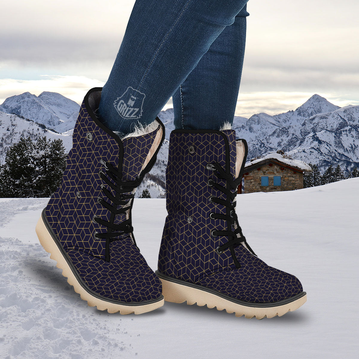 Cube Shape Black Geometric Print Pattern Snow Boots-grizzshop