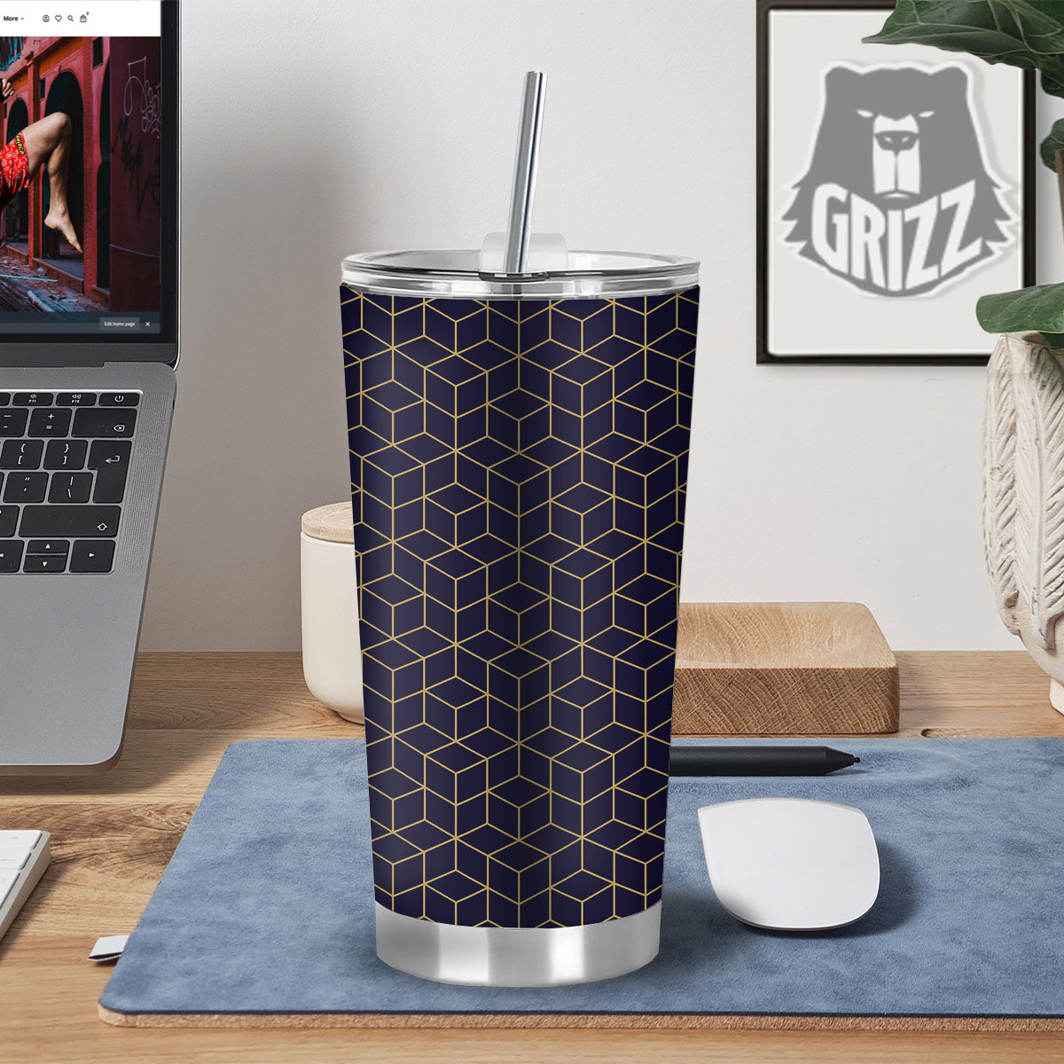 Cube Shape Black Geometric Print Pattern Tumbler-grizzshop