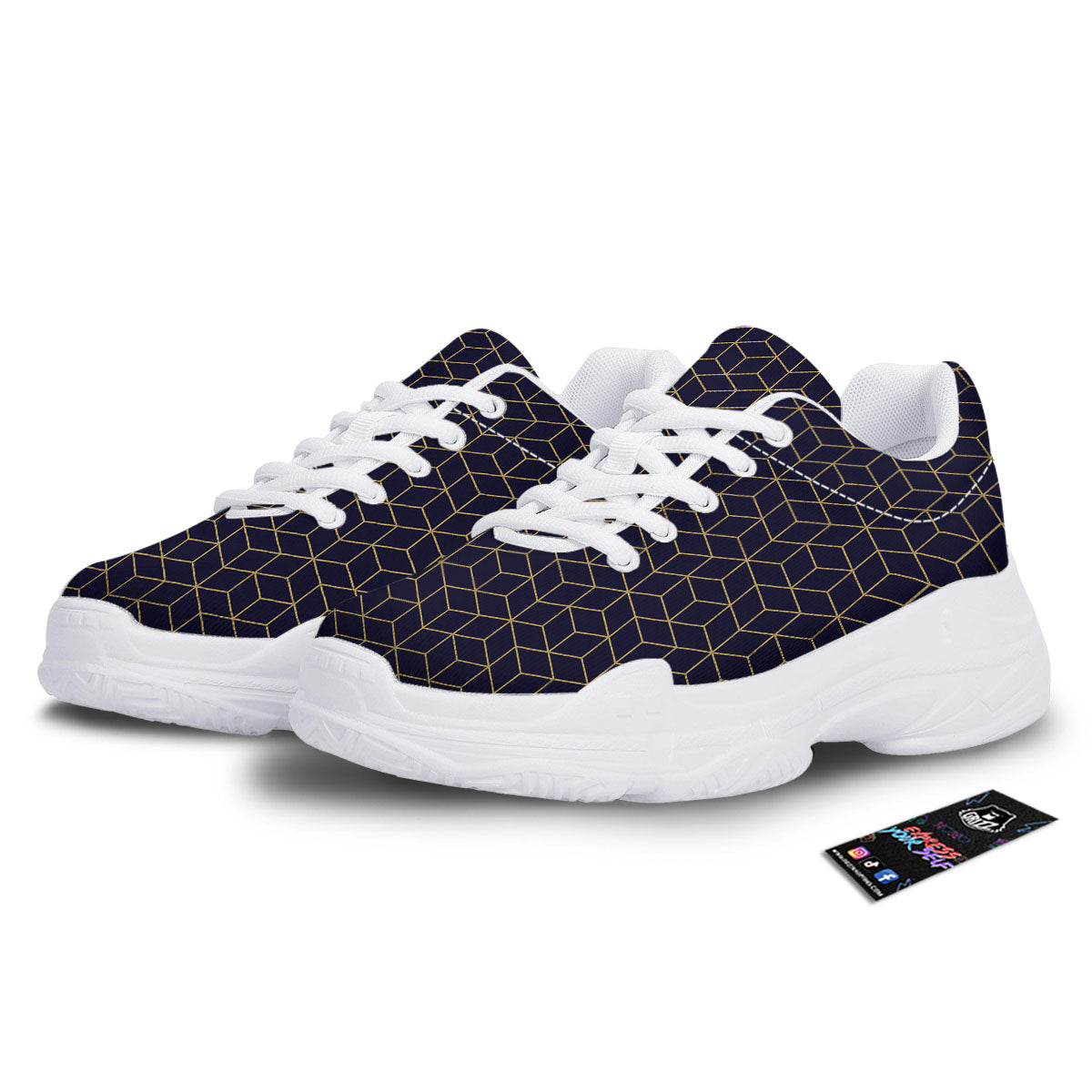 Cube Shape Black Geometric Print Pattern White Chunky Shoes-grizzshop