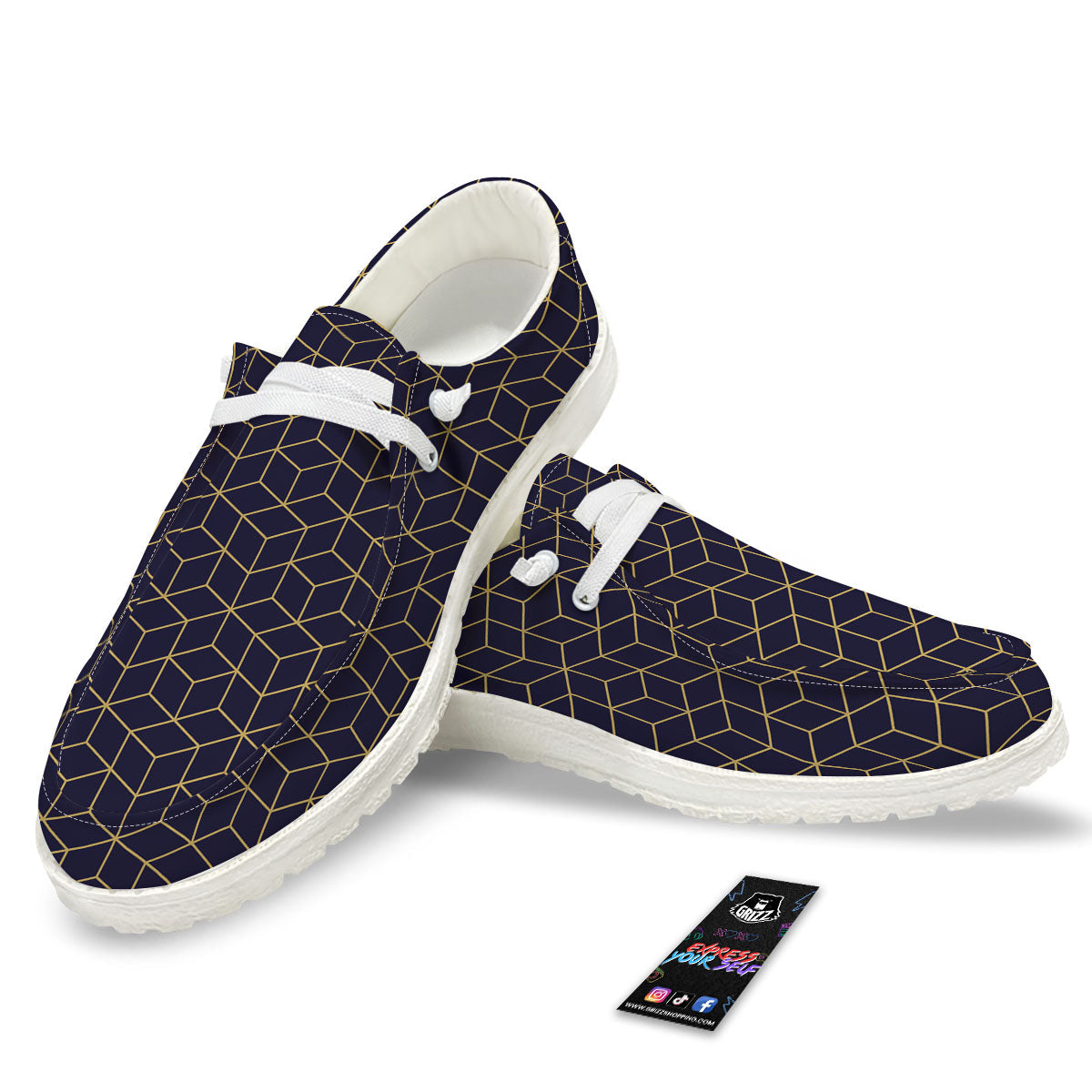 Cube Shape Black Geometric Print Pattern White Loafers-grizzshop