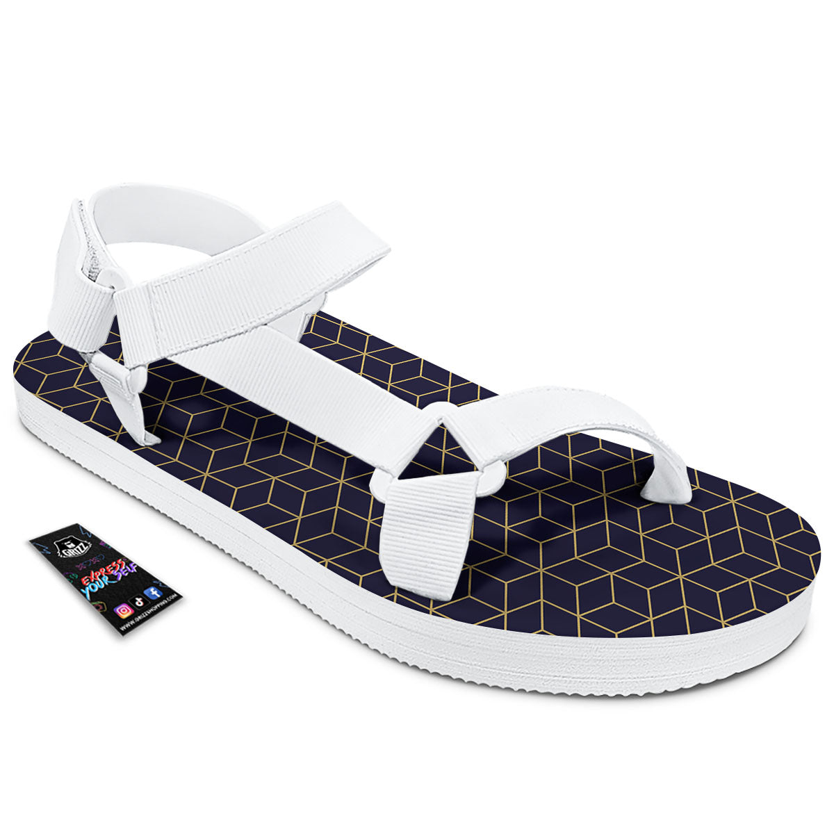 Cube Shape Black Geometric Print Pattern White Open Toe Sandals-grizzshop