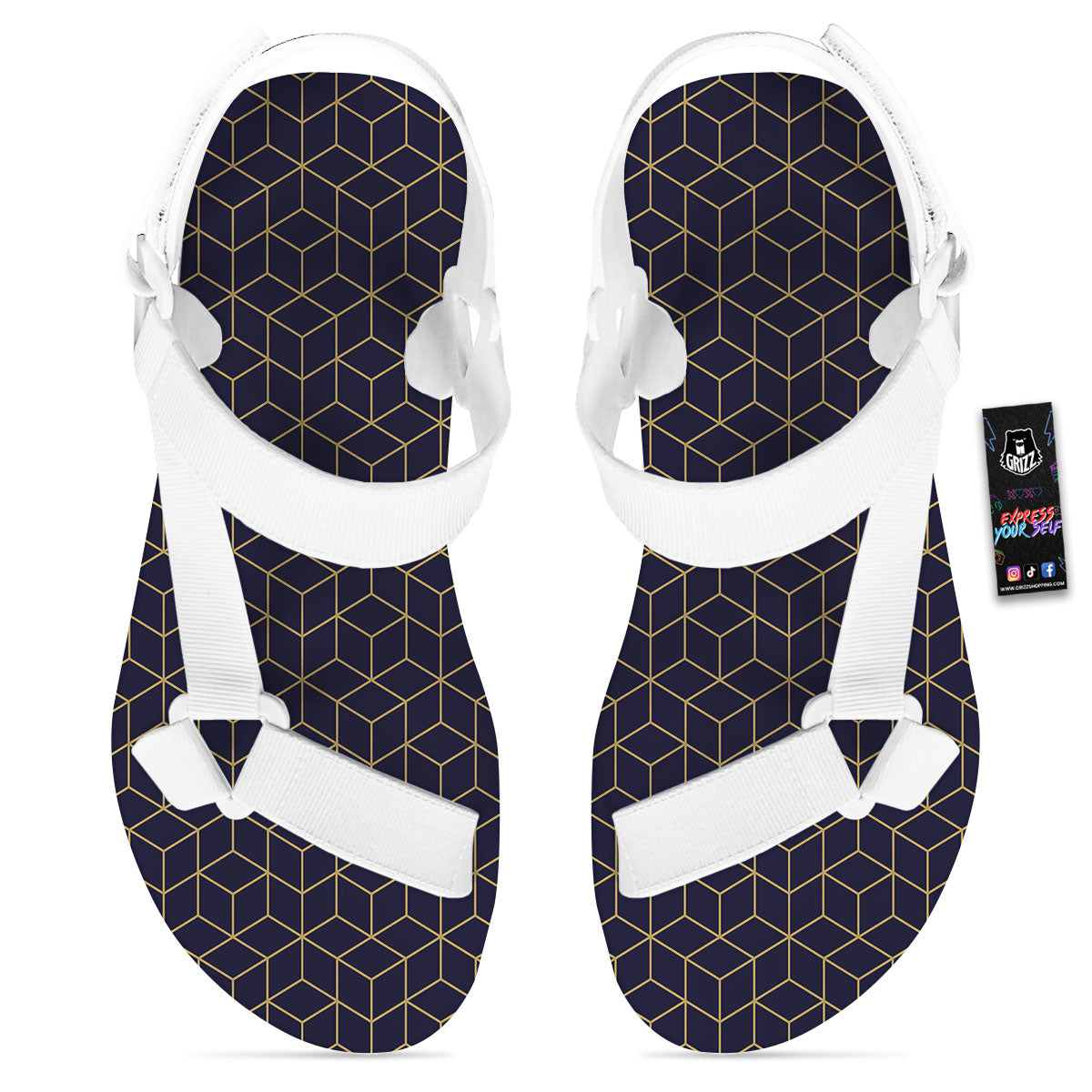 Cube Shape Black Geometric Print Pattern White Open Toe Sandals-grizzshop