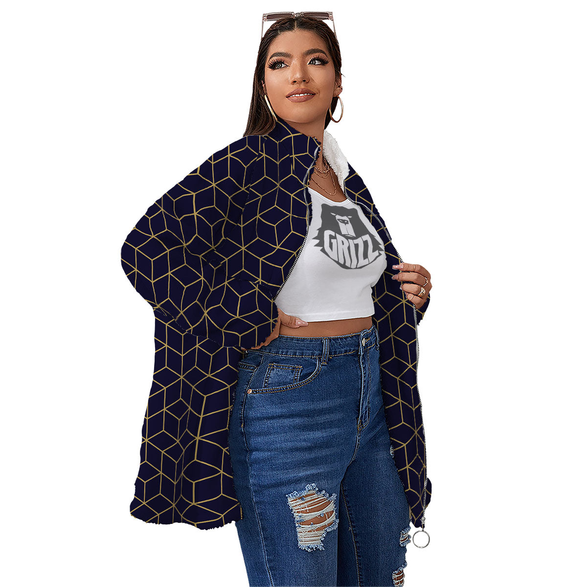 Cube Shape Black Geometric Print Pattern Women's Sherpa Jacket-grizzshop