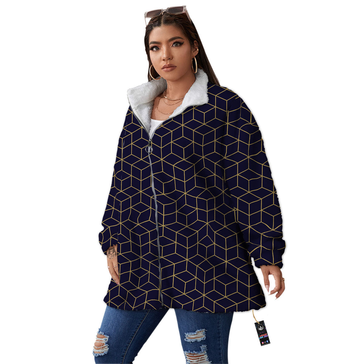 Cube Shape Black Geometric Print Pattern Women's Sherpa Jacket-grizzshop