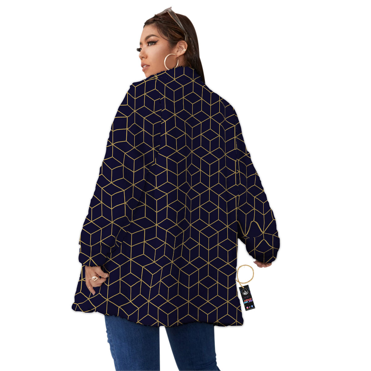 Cube Shape Black Geometric Print Pattern Women's Sherpa Jacket-grizzshop