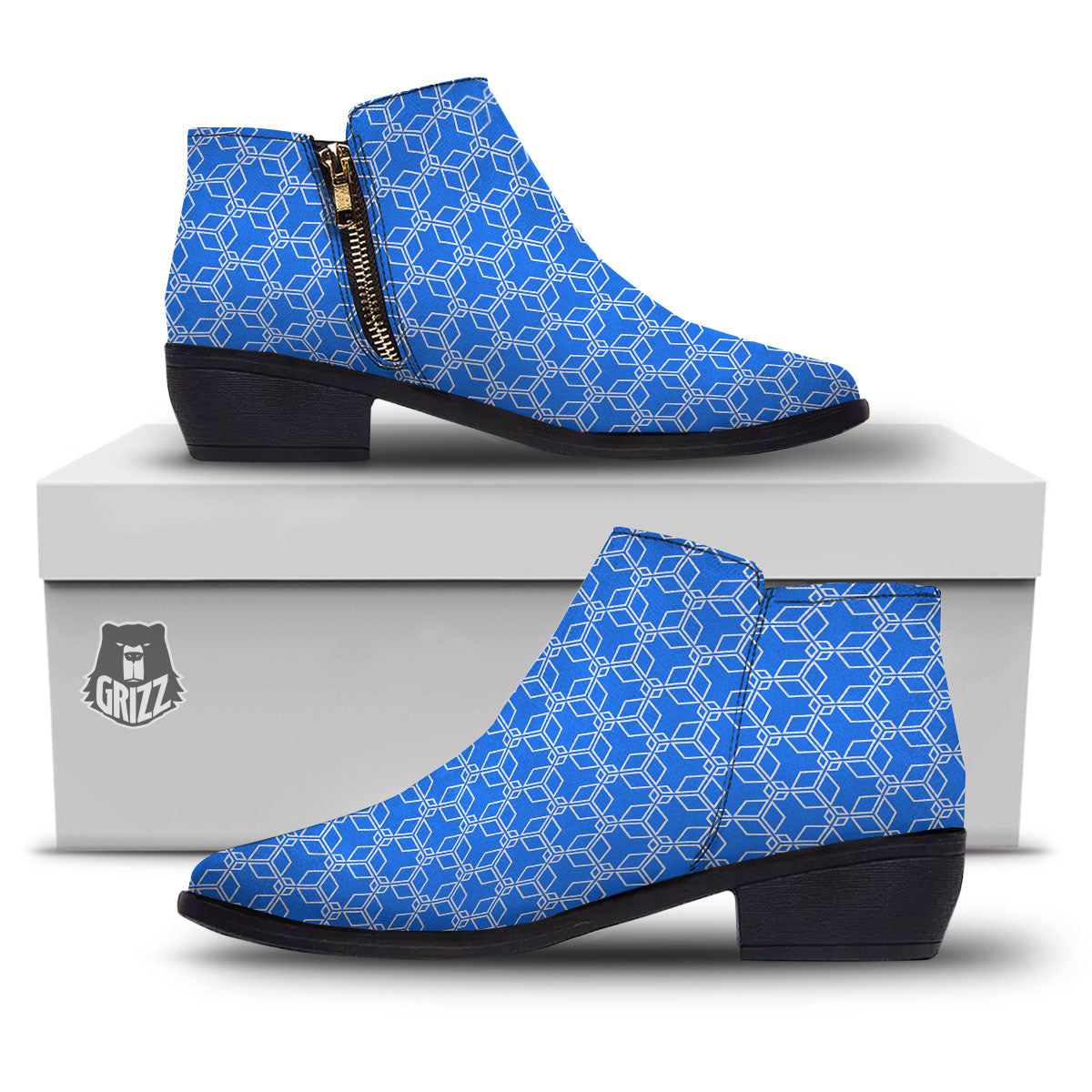 Cube Shape Blue Geometric Print Pattern Ankle Boots-grizzshop