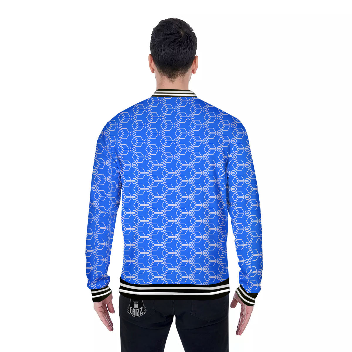Cube Shape Blue Geometric Print Pattern Baseball Jacket-grizzshop