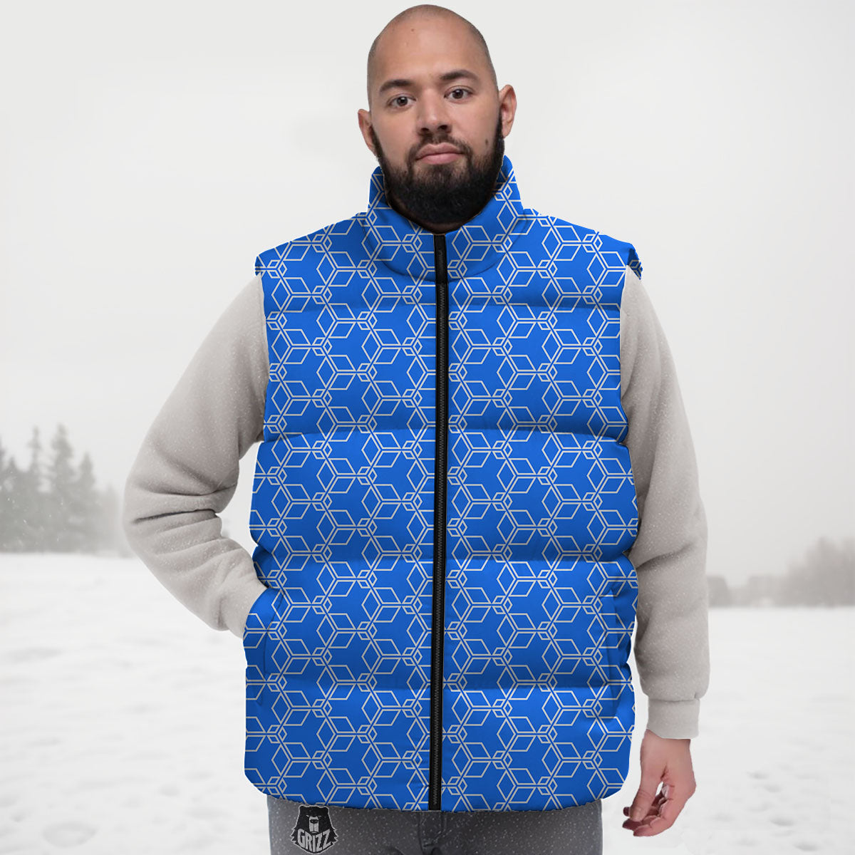 Cube Shape Blue Geometric Print Pattern Down Vest-grizzshop