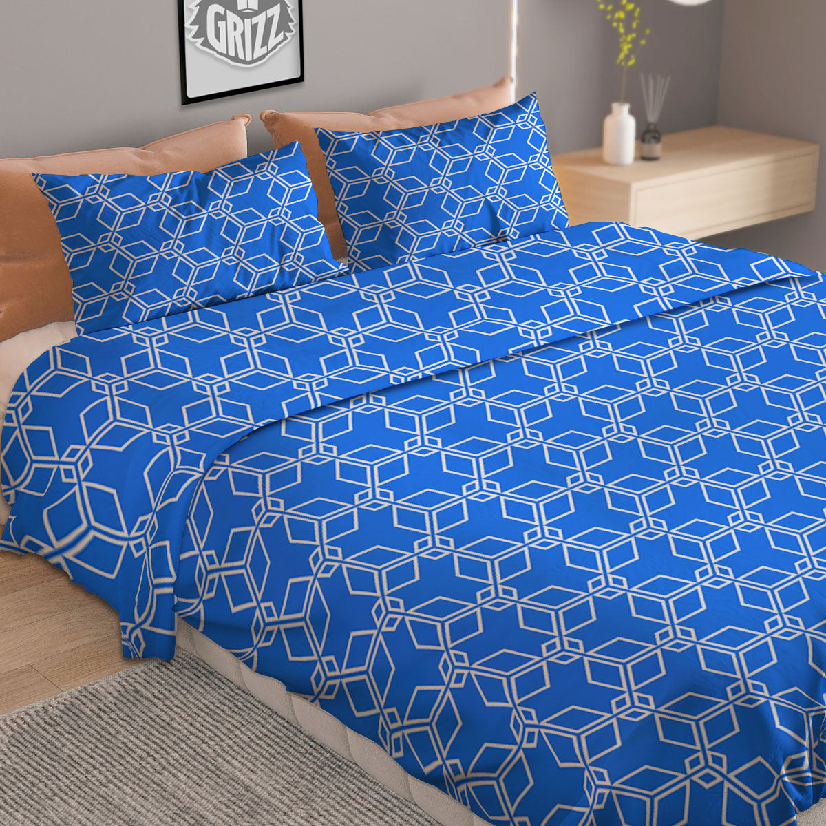 Cube Shape Blue Geometric Print Pattern Duvet Cover Bedding Set-grizzshop