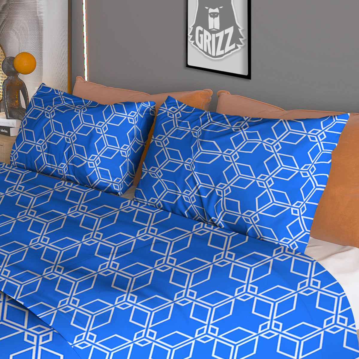 Cube Shape Blue Geometric Print Pattern Duvet Cover Bedding Set-grizzshop