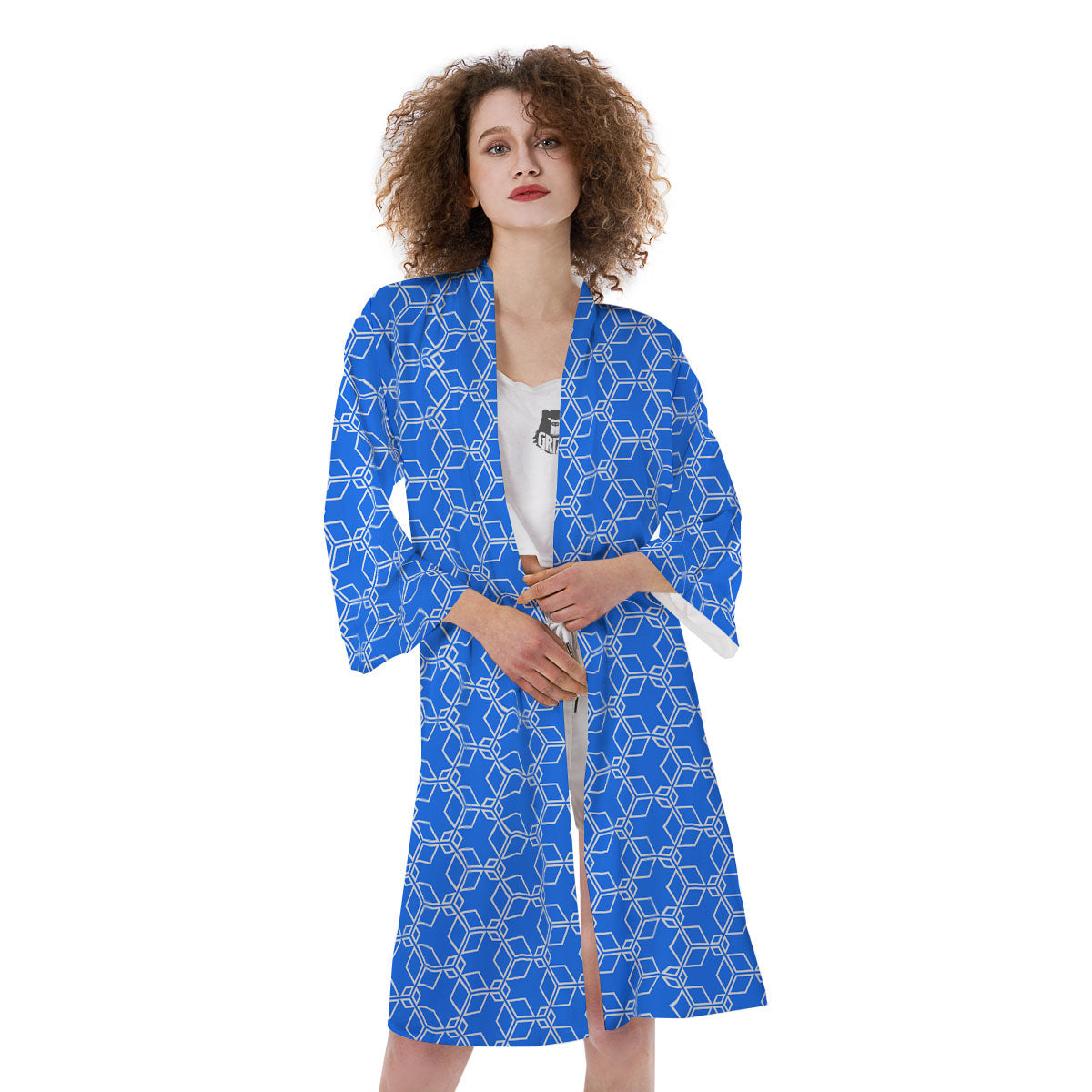 Cube Shape Blue Geometric Print Pattern Kimono-grizzshop