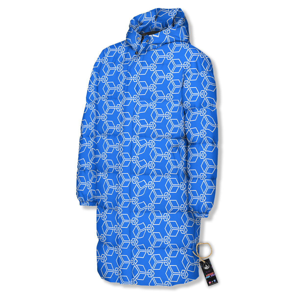 Cube Shape Blue Geometric Print Pattern Long Down Jacket-grizzshop