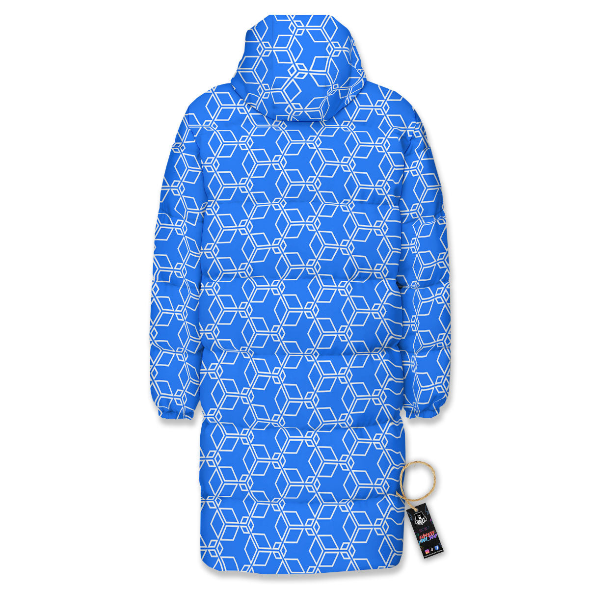 Cube Shape Blue Geometric Print Pattern Long Down Jacket-grizzshop