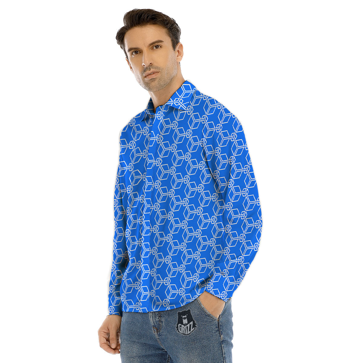 Cube Shape Blue Geometric Print Pattern Men's Dress Shirts-grizzshop